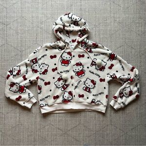 Sanrio Hello Kitty Women’s Red/White Pullover Crop Fleece Hoodie LARGE